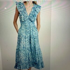 Smocked V-Neck Ruffle Midi Dress - Blue Floral